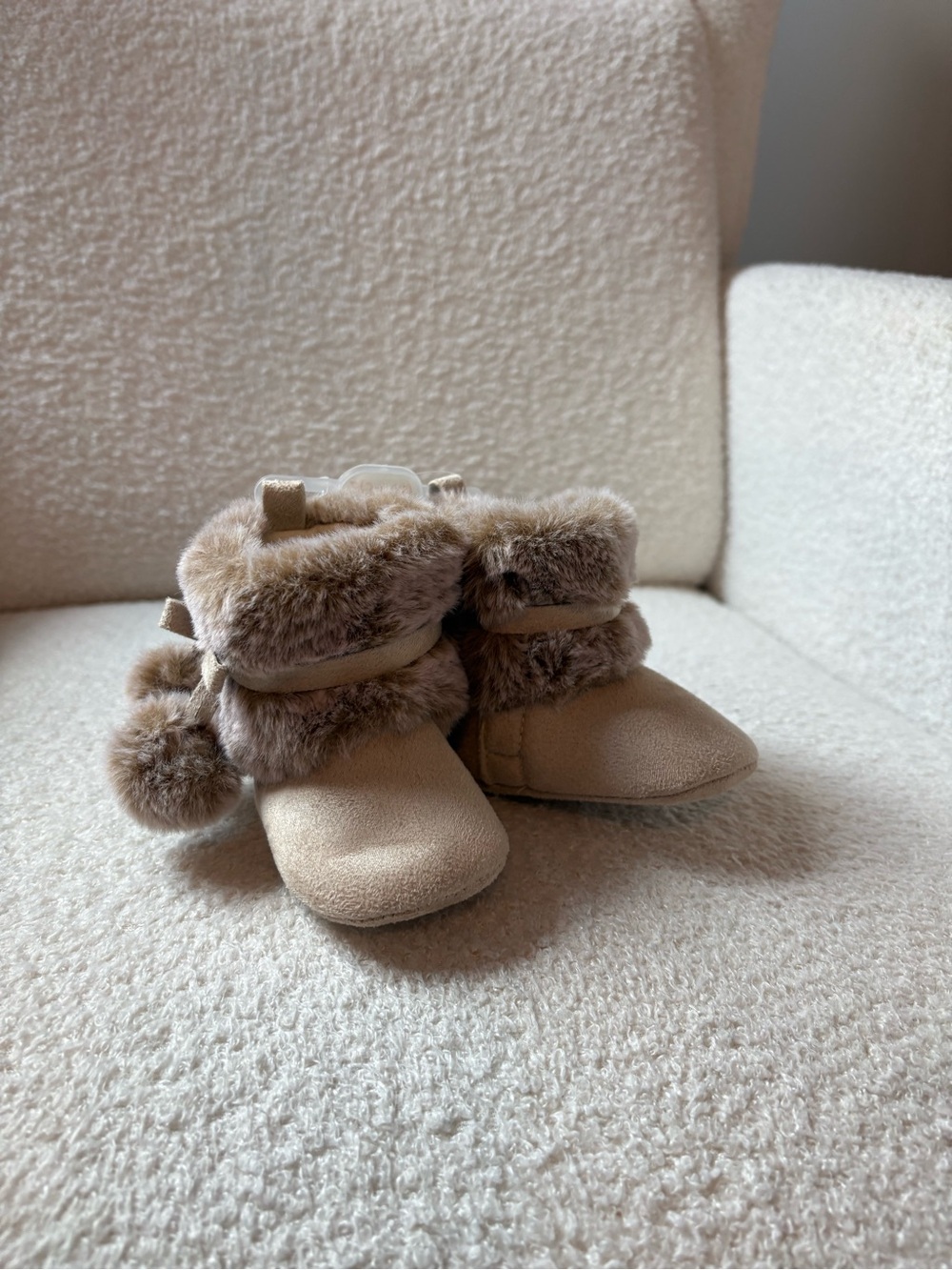 Cozy Faux Fur Kids Booties - Cream Pom Trim